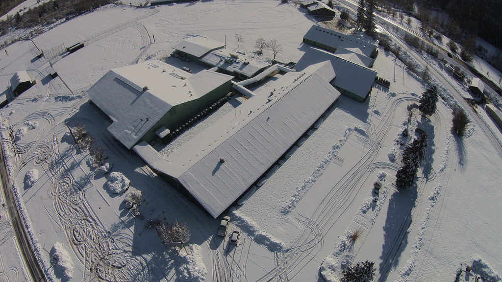 School covered in snow